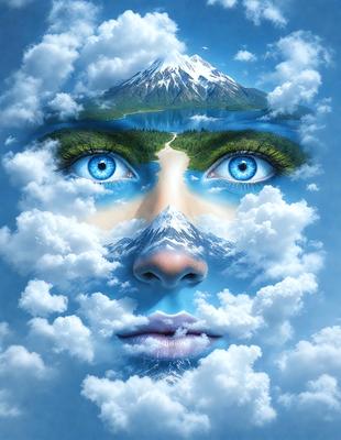The primary subject of the image is a woman's face, which is depicted in a surreal and artistic manner. The setting is a cloudy sky, and the visual style is a combination of digital art and illustration. The colors and mood of the image are predominantly blue, creating a serene and dreamy atmosphere.